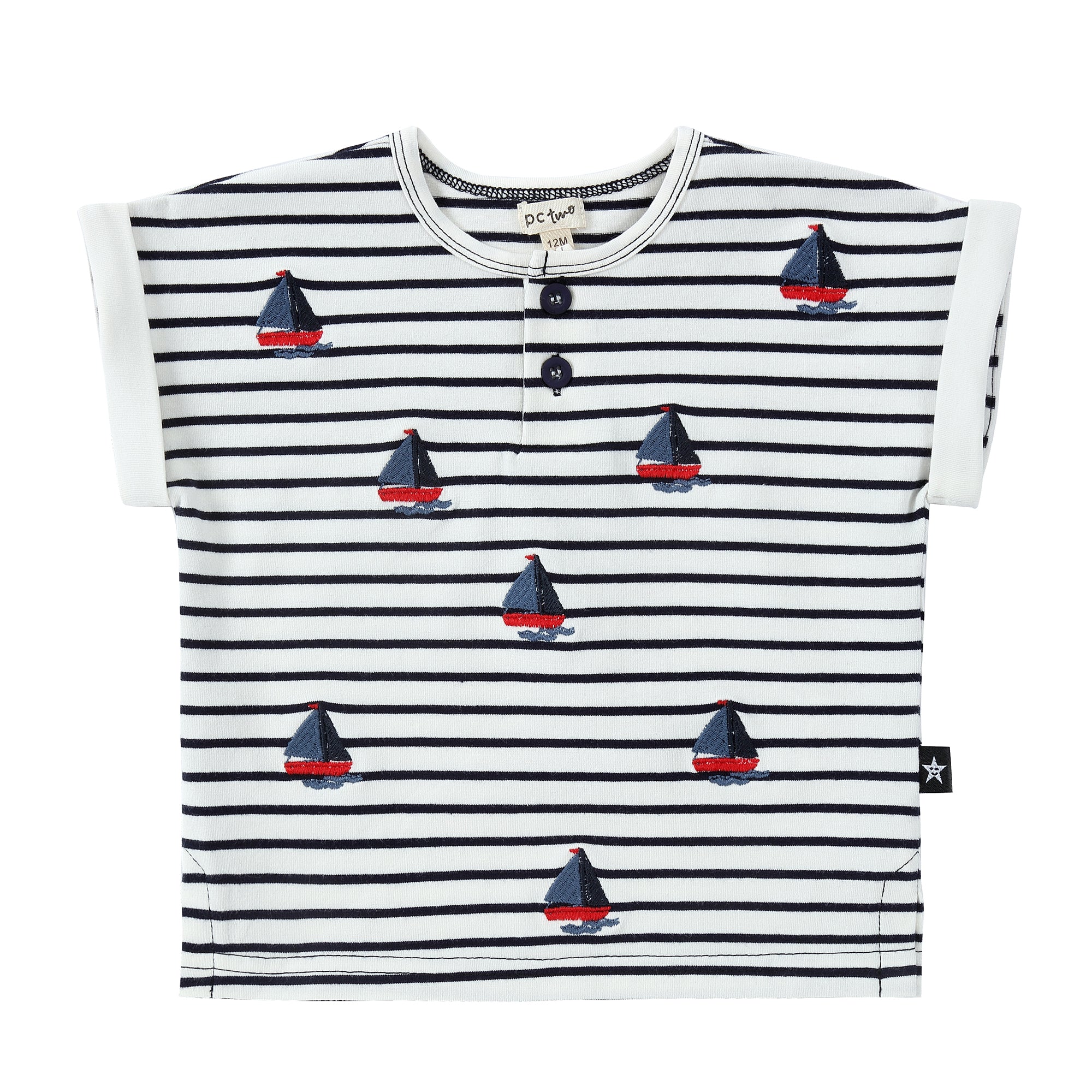Navy and White Stripe Henley With Embroidered Boats