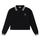 Black Cropped Wide Rib Collared Polo With White Accents