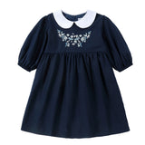 Navy Linen Dress With Embroidered Flowers