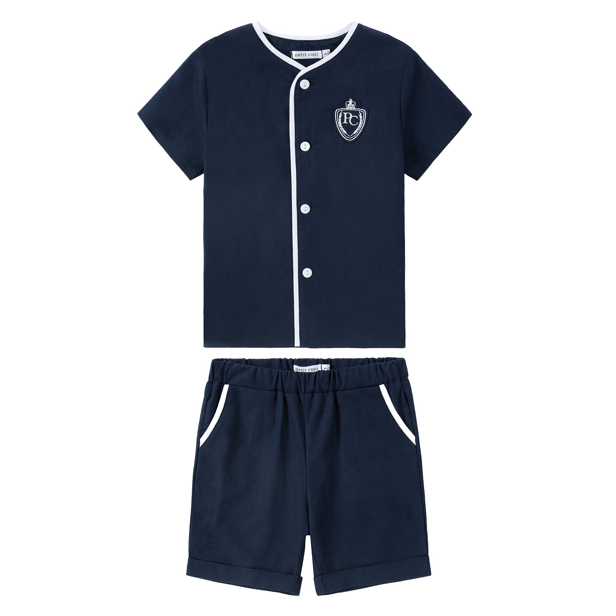 Navy Linen Mandarin Shirt With Ivory Details Set – Petit Clair