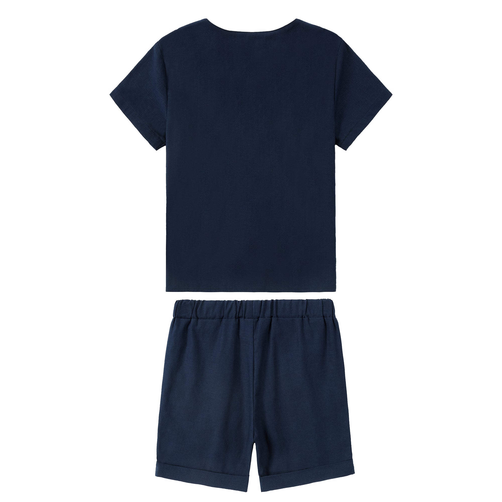 Navy Linen Mandarin Shirt With Ivory Details Set – Petit Clair