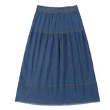 Dark Denim Midi Skirt With Brown Topstitching Details