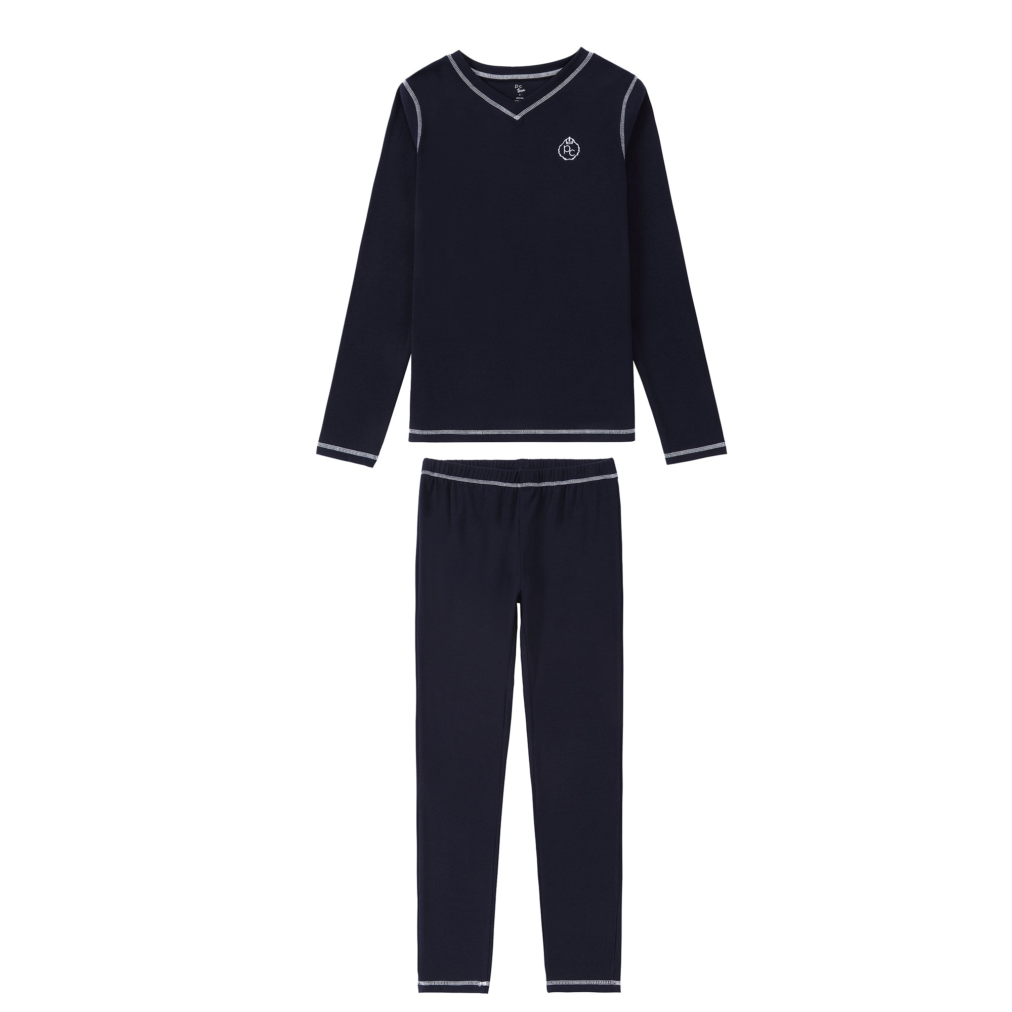 Navy V-Neck Pajama With White Accents