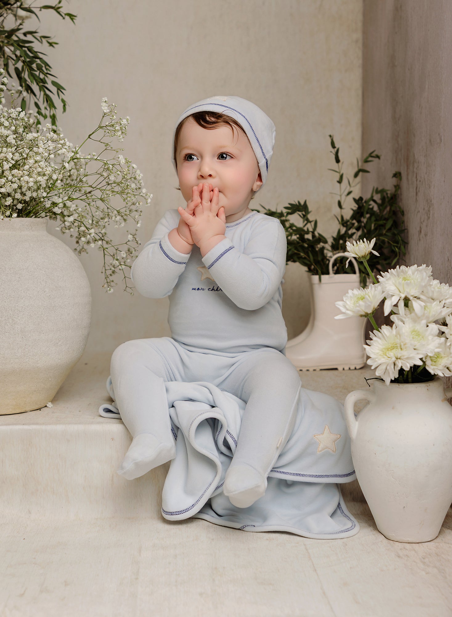 Baby Boys Light Blue Star Velour Footsie
