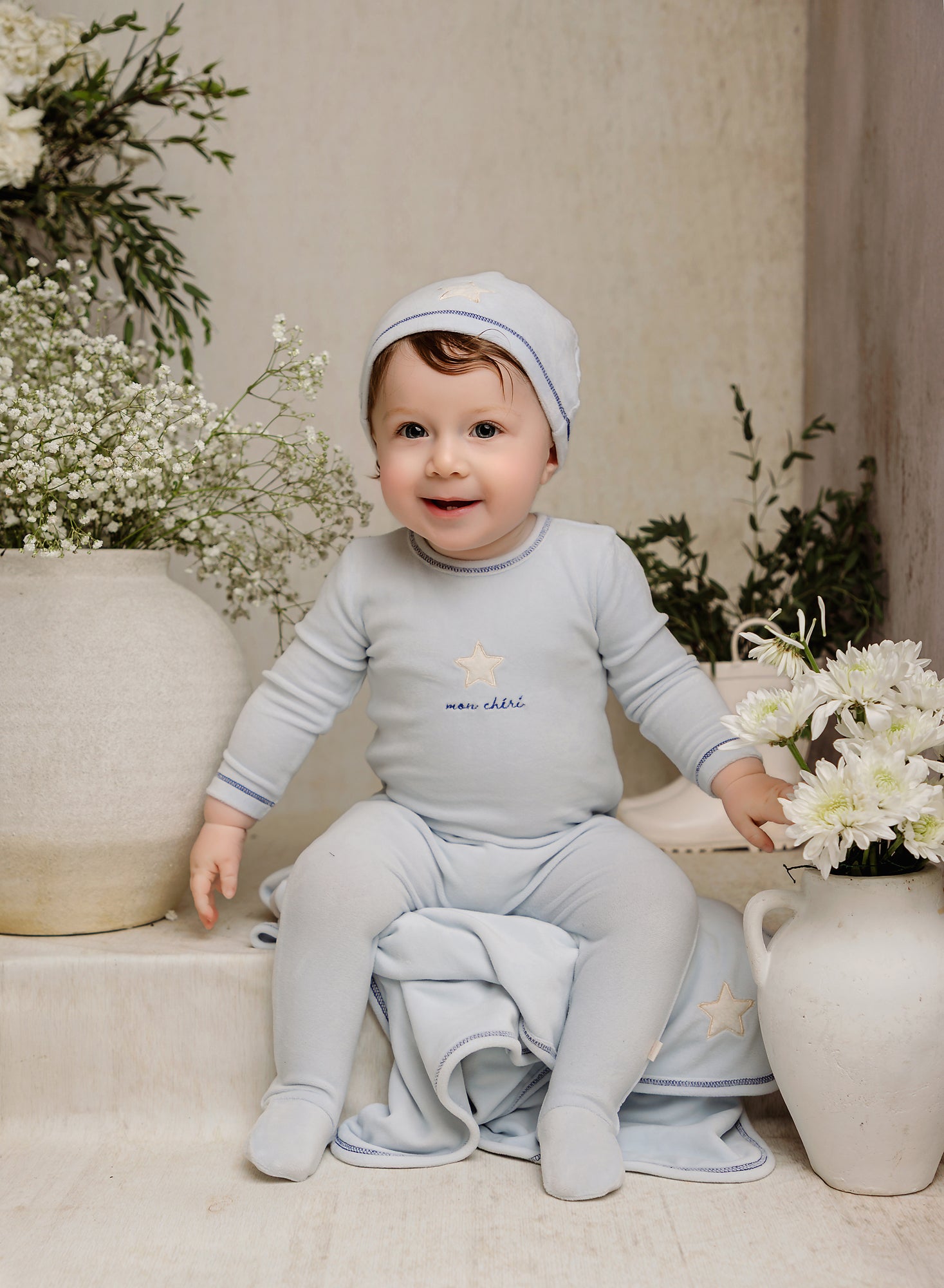 Baby Boys Light Blue Star Velour Footsie