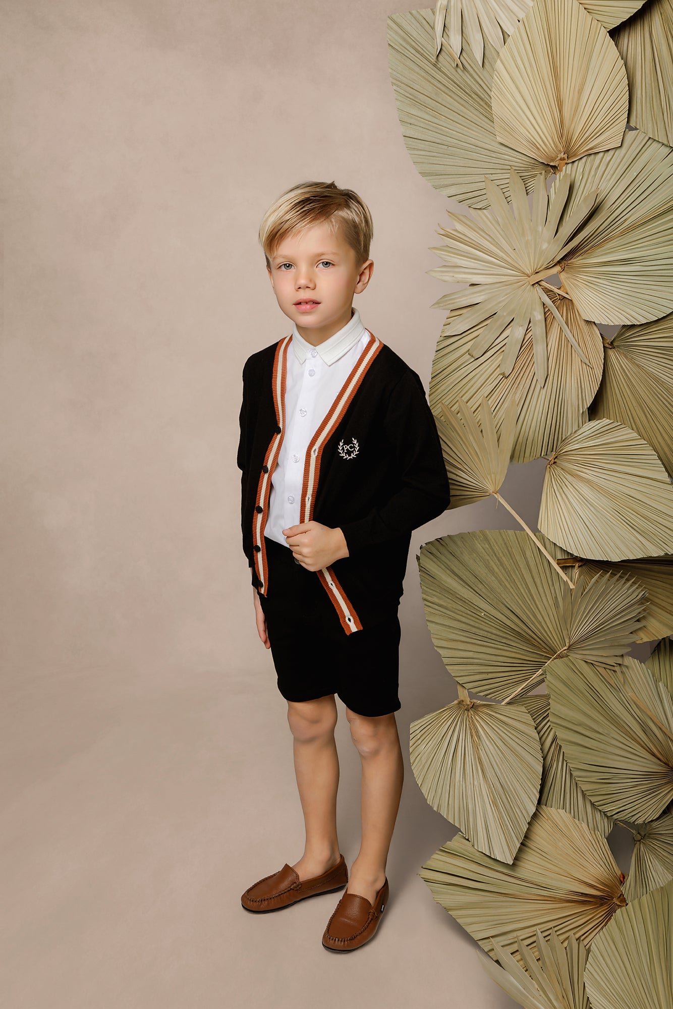 Boys Black Cardigan with Brown & White Contrast