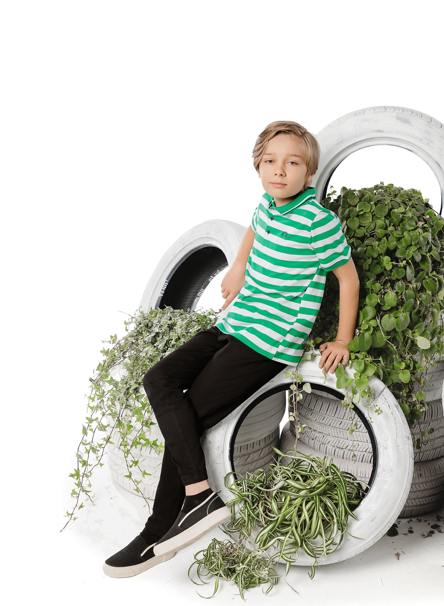 Boys Green & White Striped Polo