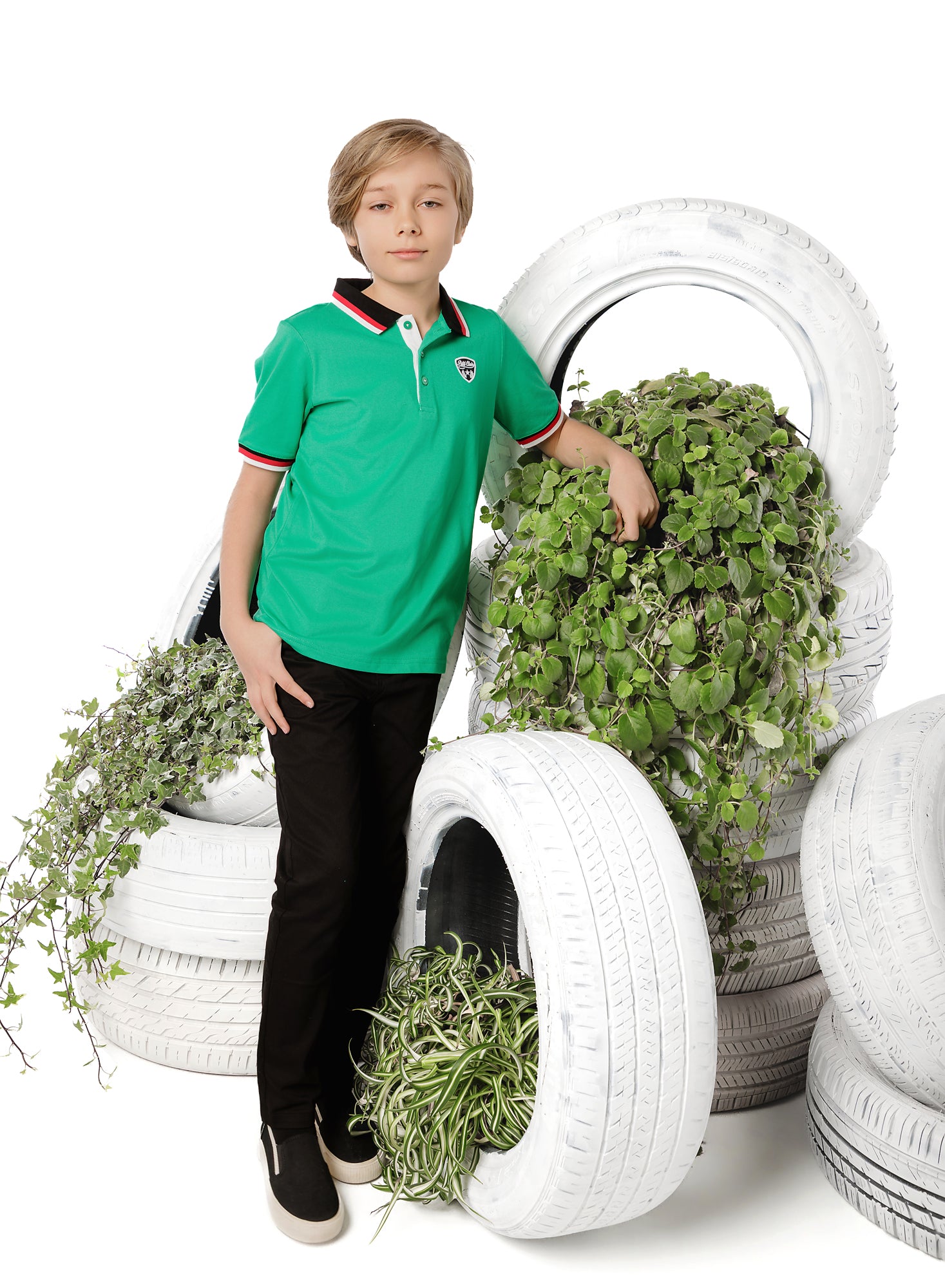 Boys Green Polo with Black & Red Trim