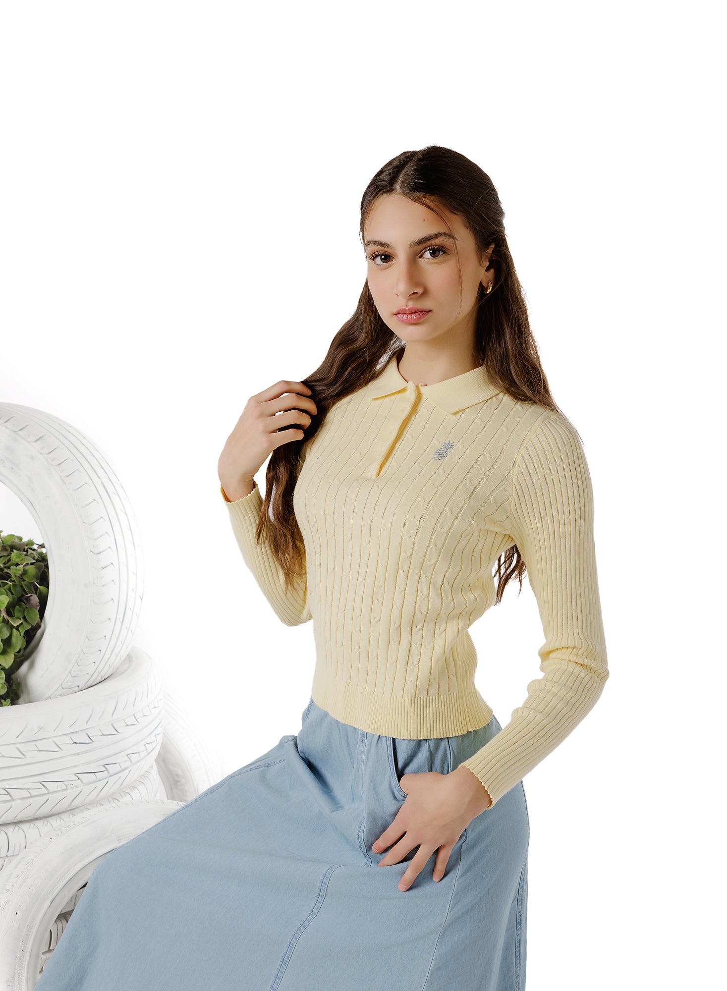 Teens Butter Yellow Cable Knit Collared Sweater