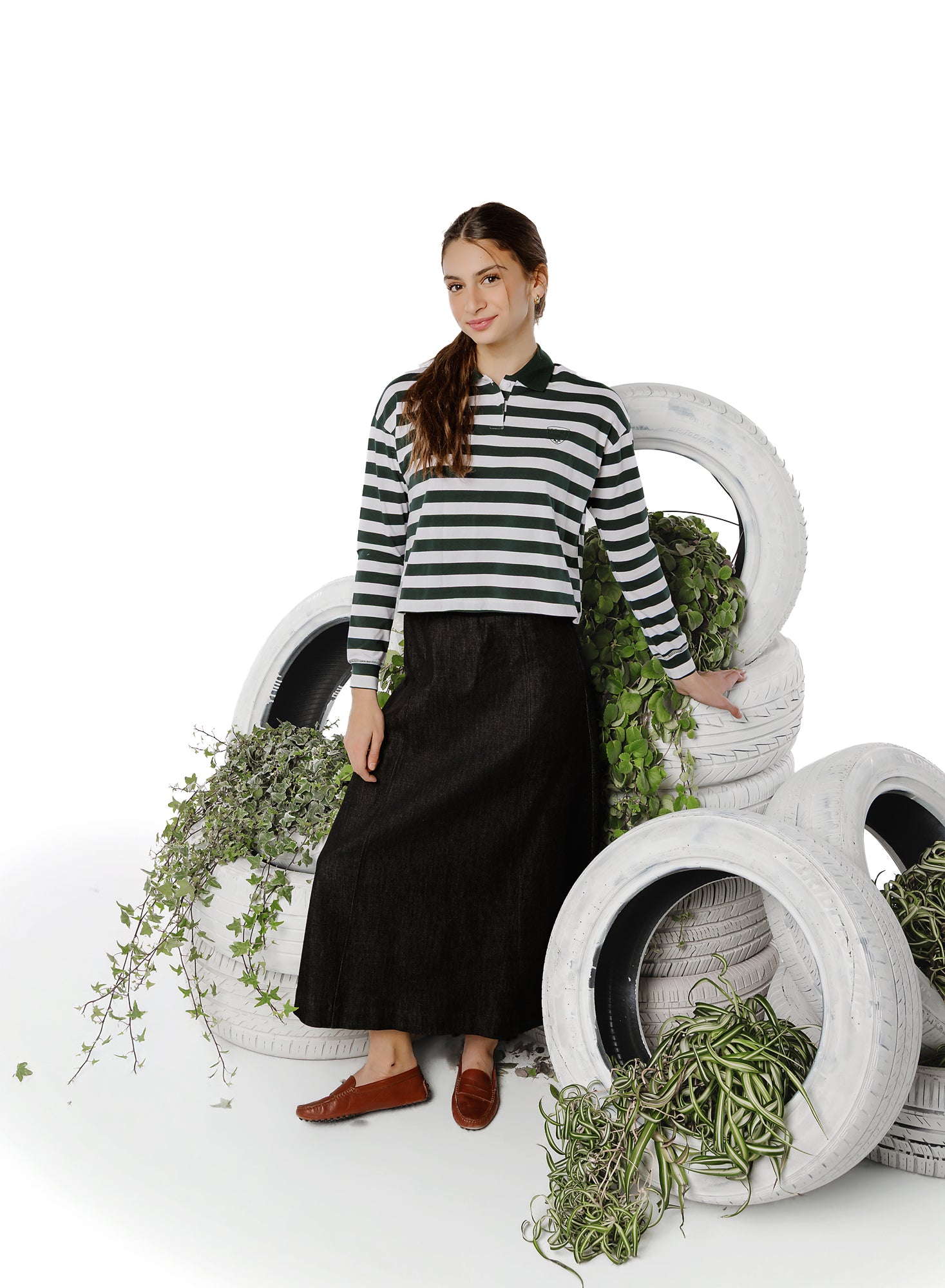 Teens Green Striped Cropped Polo