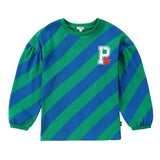 Green and Blue Diagonal Stripe Puff Sleeve T-Shirt