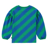 Green and Blue Diagonal Stripe Puff Sleeve T-Shirt