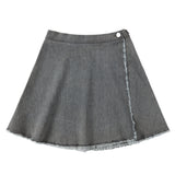 Grey Denim Wrap Skirt with Frayed Details