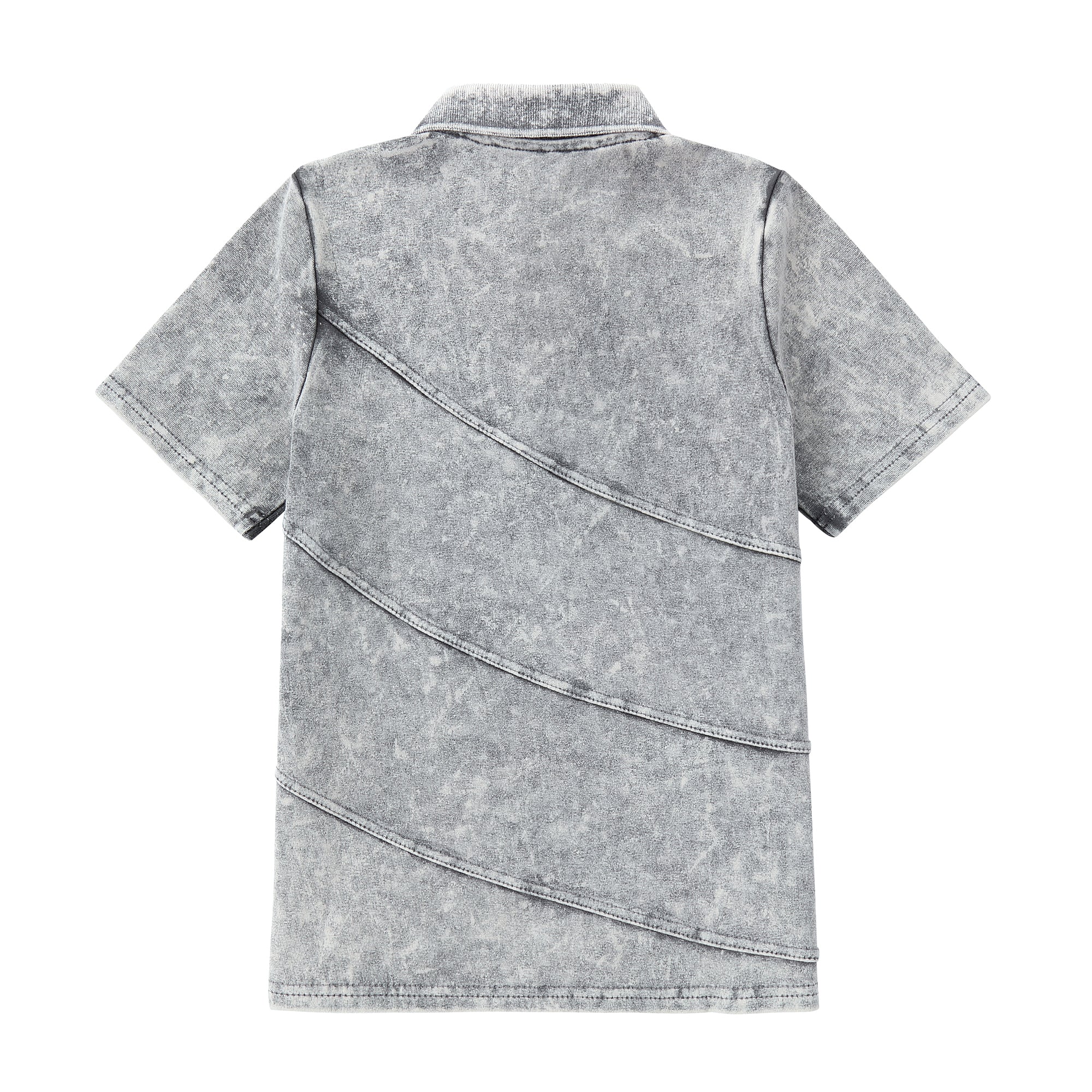Grey Stretch Denim Short Sleeve Polo With Diagonal Seaming Detail