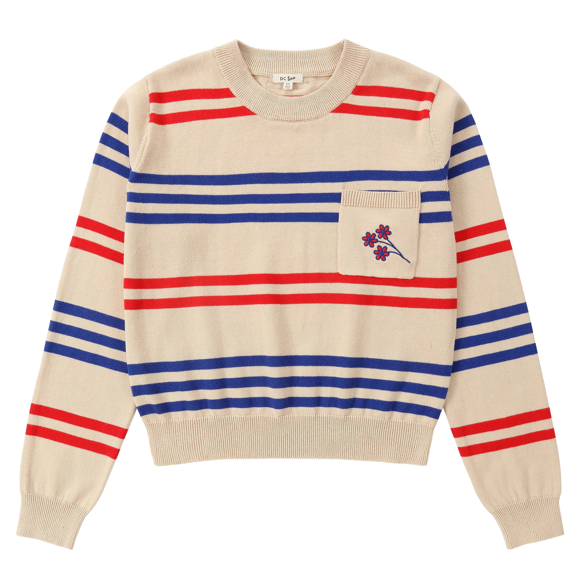 Tan Sweater With Royal Blue and Red Stripes