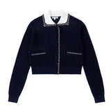 Navy Collared Cardigan With Ivory Accents