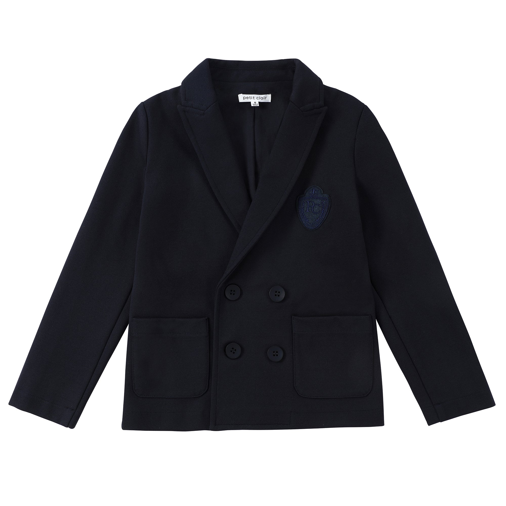 Navy Stretch Pique Double Breasted Blazer With Emblem