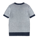 Blue and White Stripe Ribbed V-Neck Short Sleeve Sweater