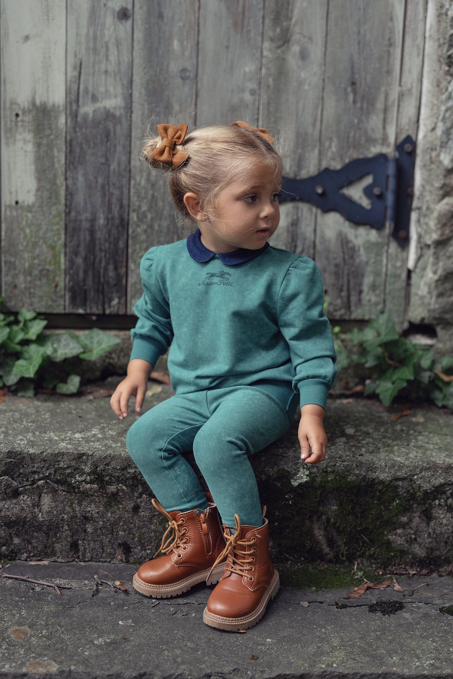 Baby Girls Green Wash Racehorse Sweatshirt with Denim Collar
