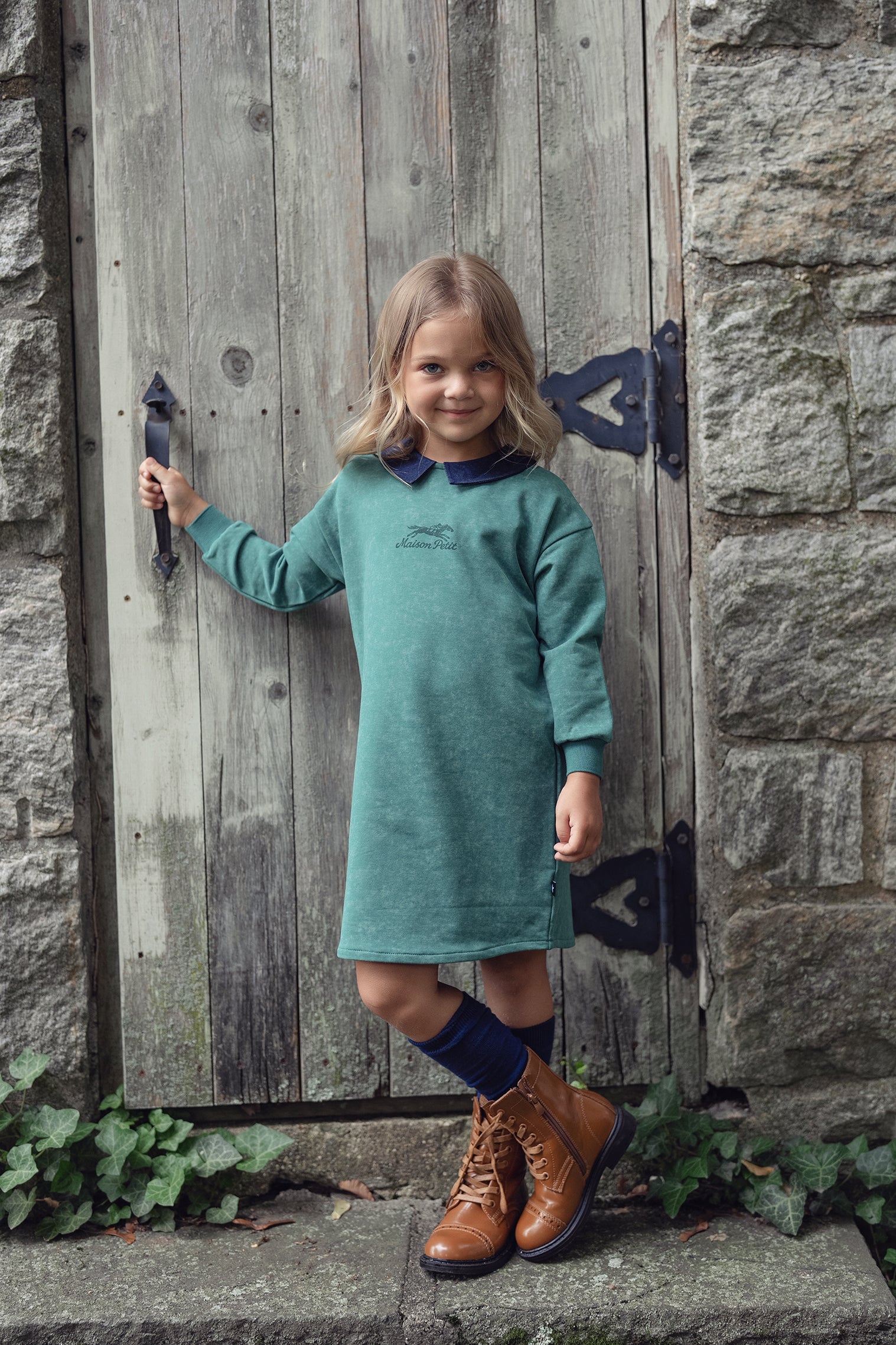 Girls Green Wash Dress with Racehorse
