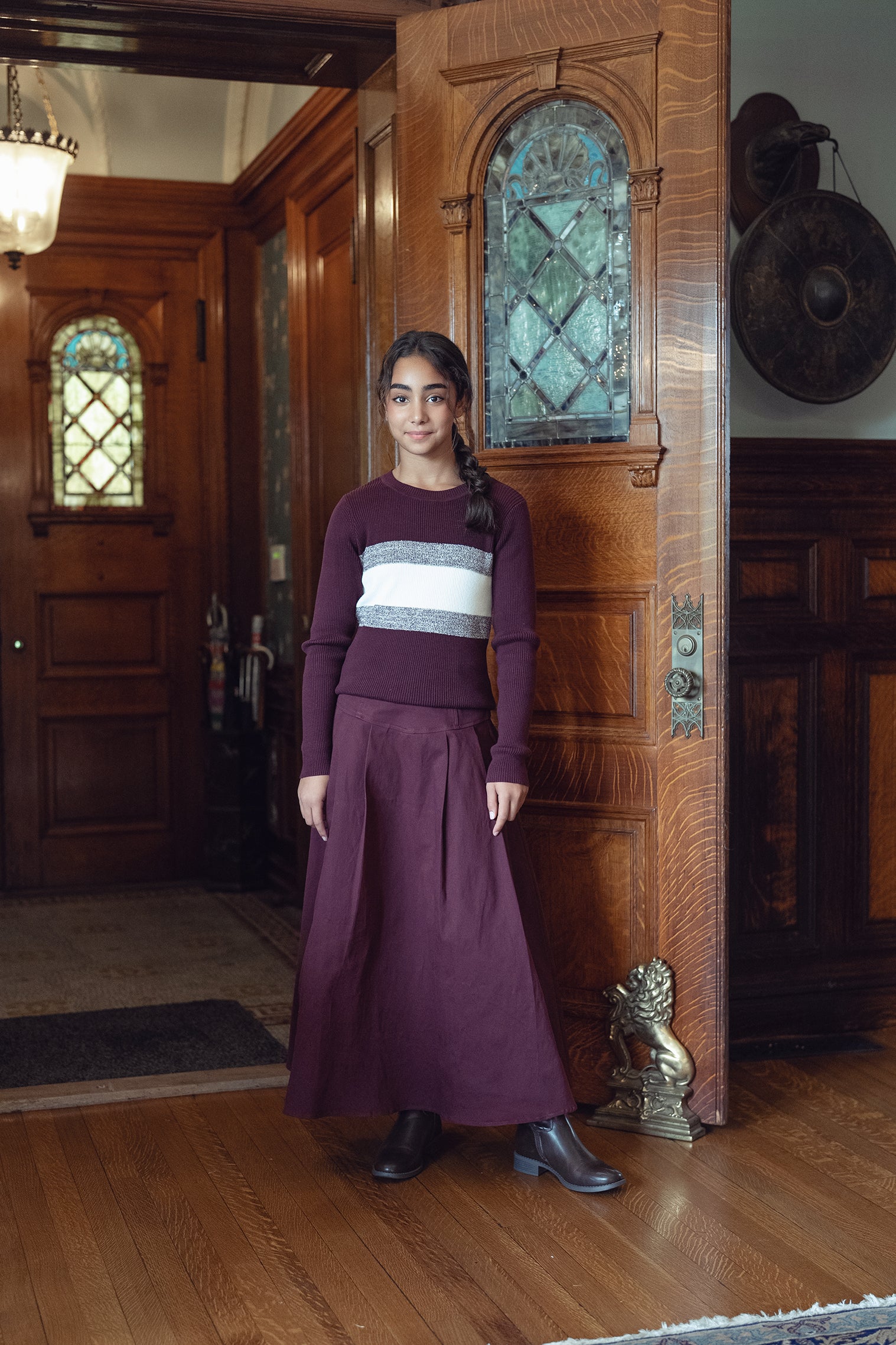 Teens Burgundy V Shaped Panneled  Maxi Skirt
