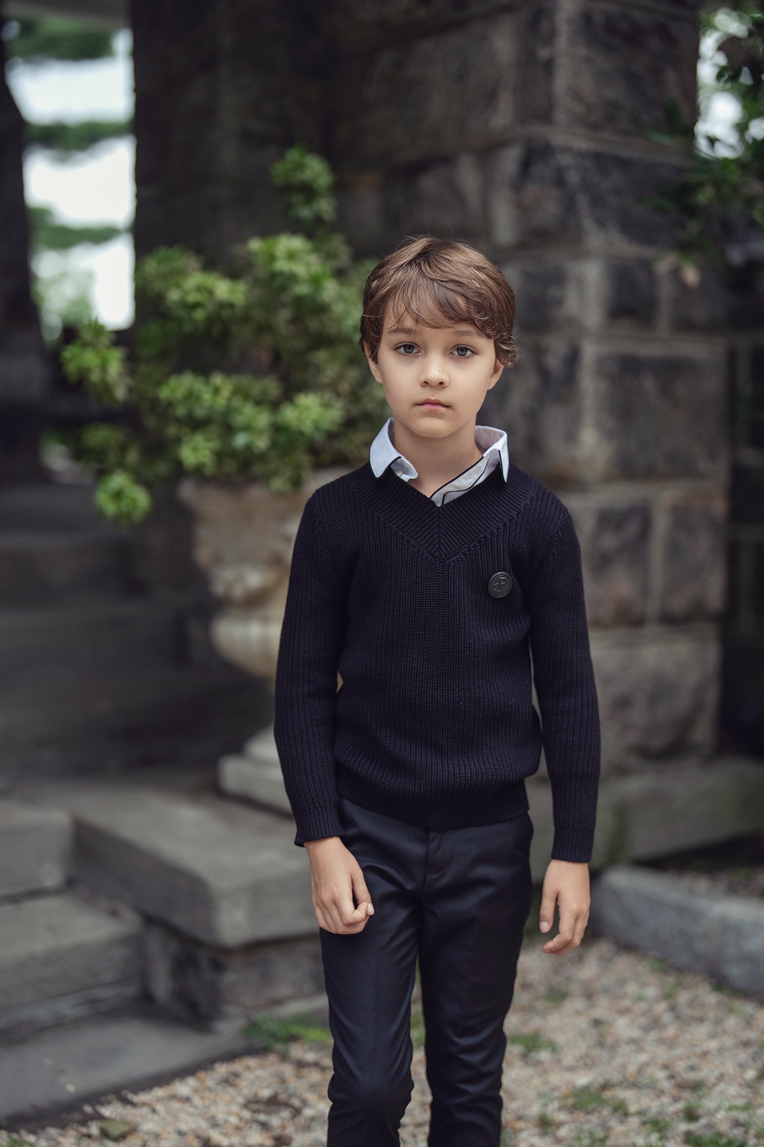Boys Black V-Neck Logo Knit Sweater