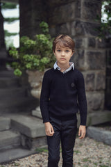 Boys Black V-Neck Logo Knit Sweater