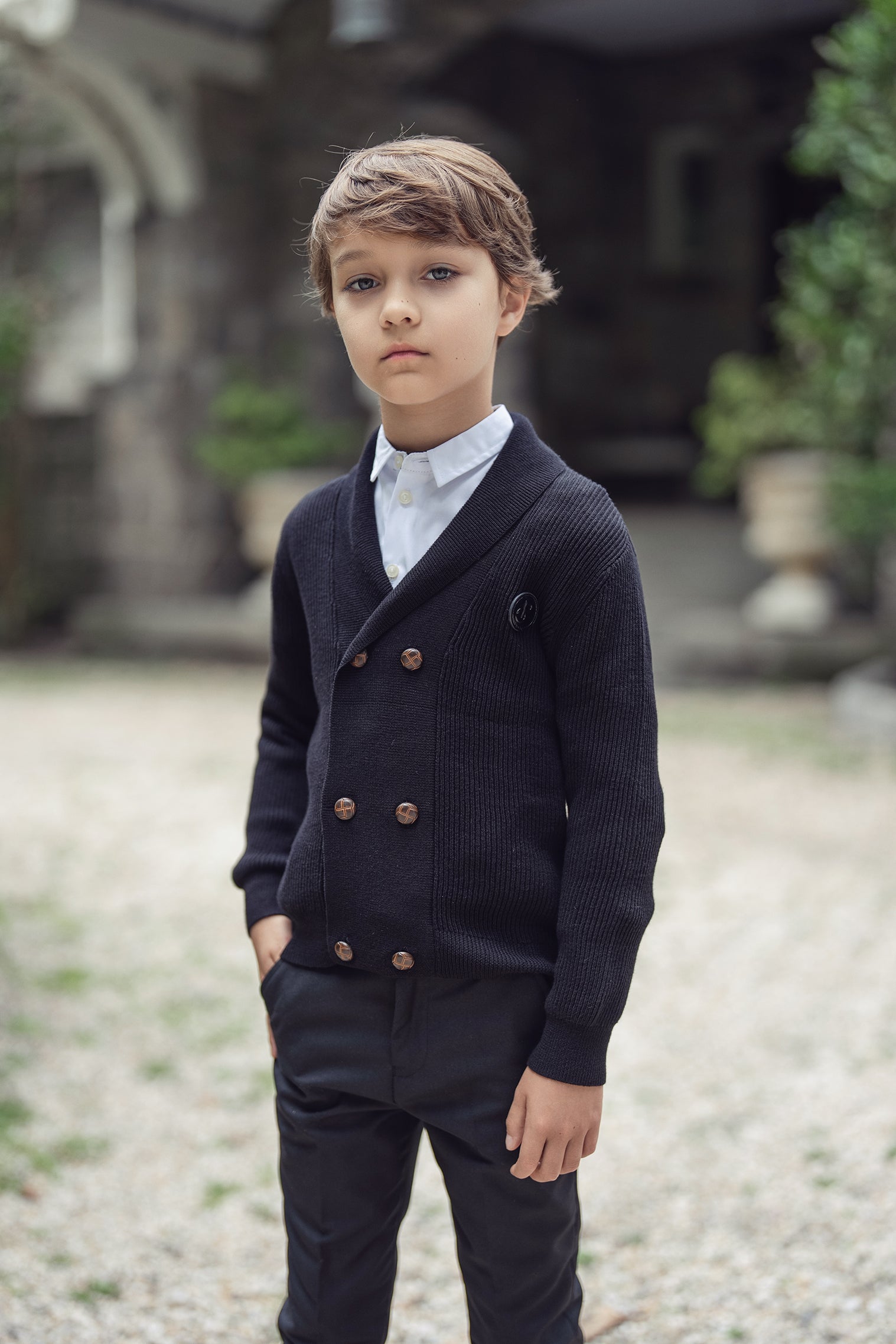 Boys Black Double-Breasted Knit Sweater