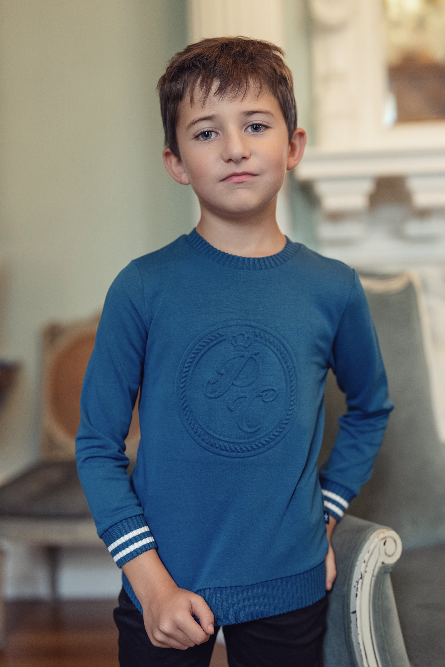 Boys Blue PC Logo Sweatshirt with White Stripe Trim