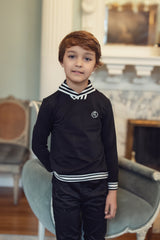 Boys Black V-Neck Sweatshirt with White Stripe Trim