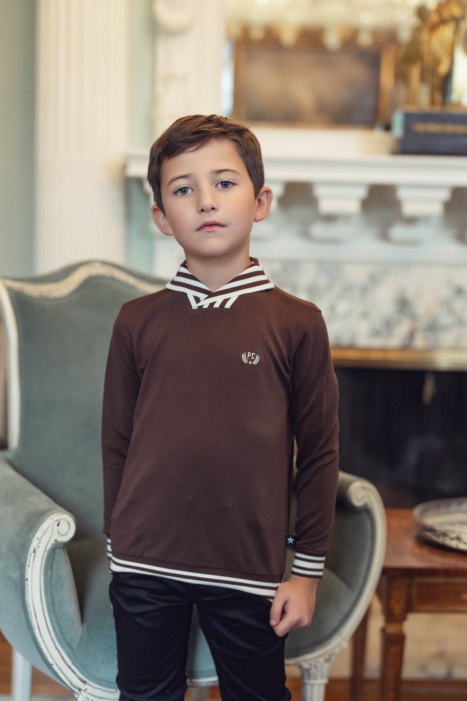 Boys Dark Brown V-Neck Sweatshirt with Ecru/Brown Stiching