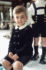 Boys Black Velvet Double Breasted Blazer with White Collar