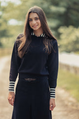 Teens Black Knit Sweater with Black & White Striped Trim