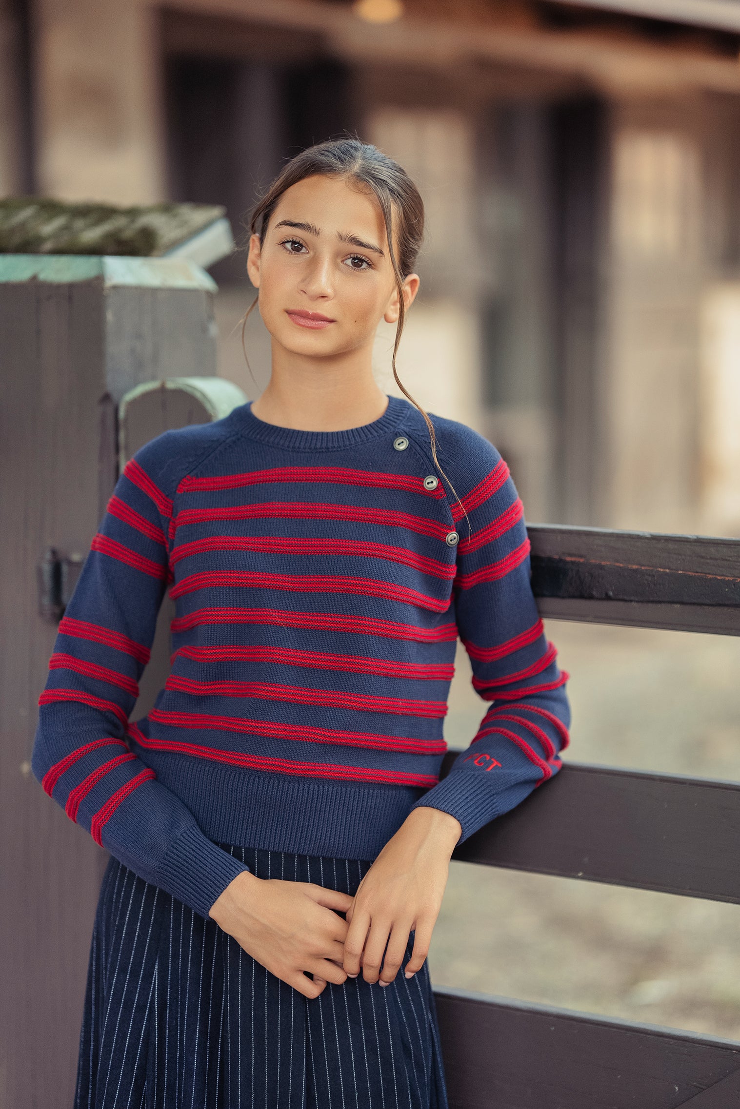 Teens Navy & Red Stripe Knit Sweater with Button Detail