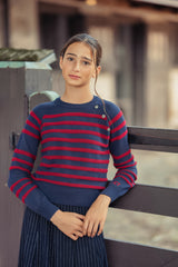 Teens Navy & Red Stripe Knit Sweater with Button Detail