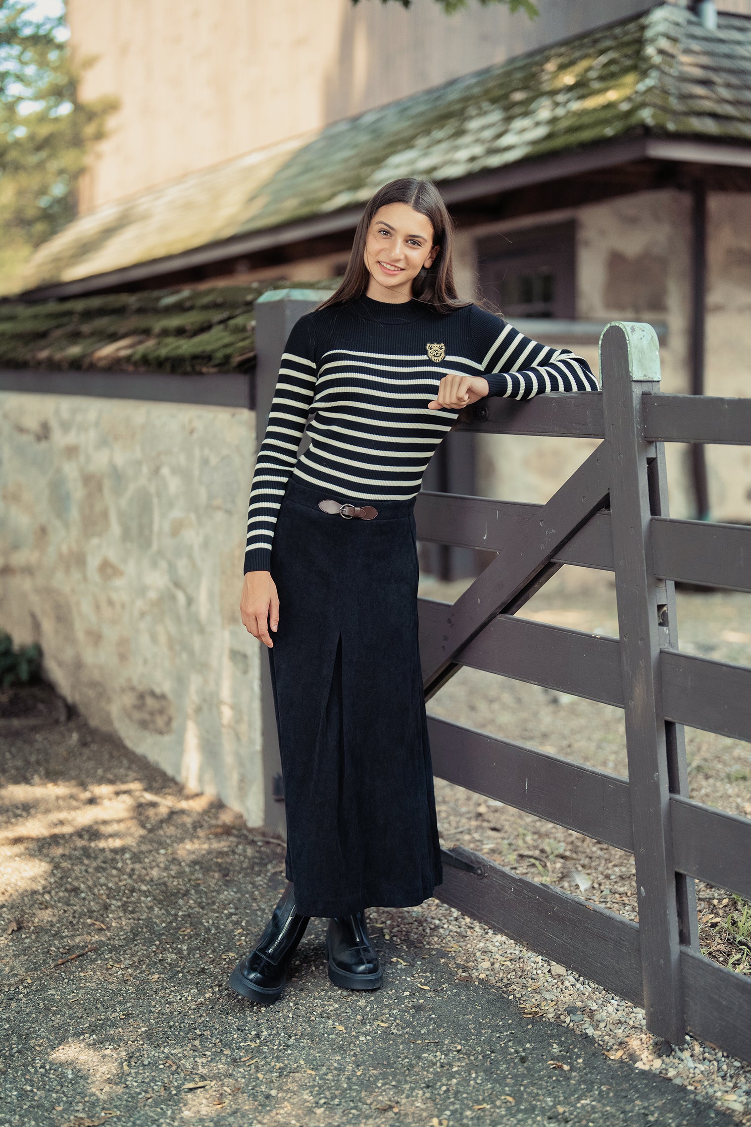 Teens Black Box Pleated Maxi Skirt with Brown Buckle