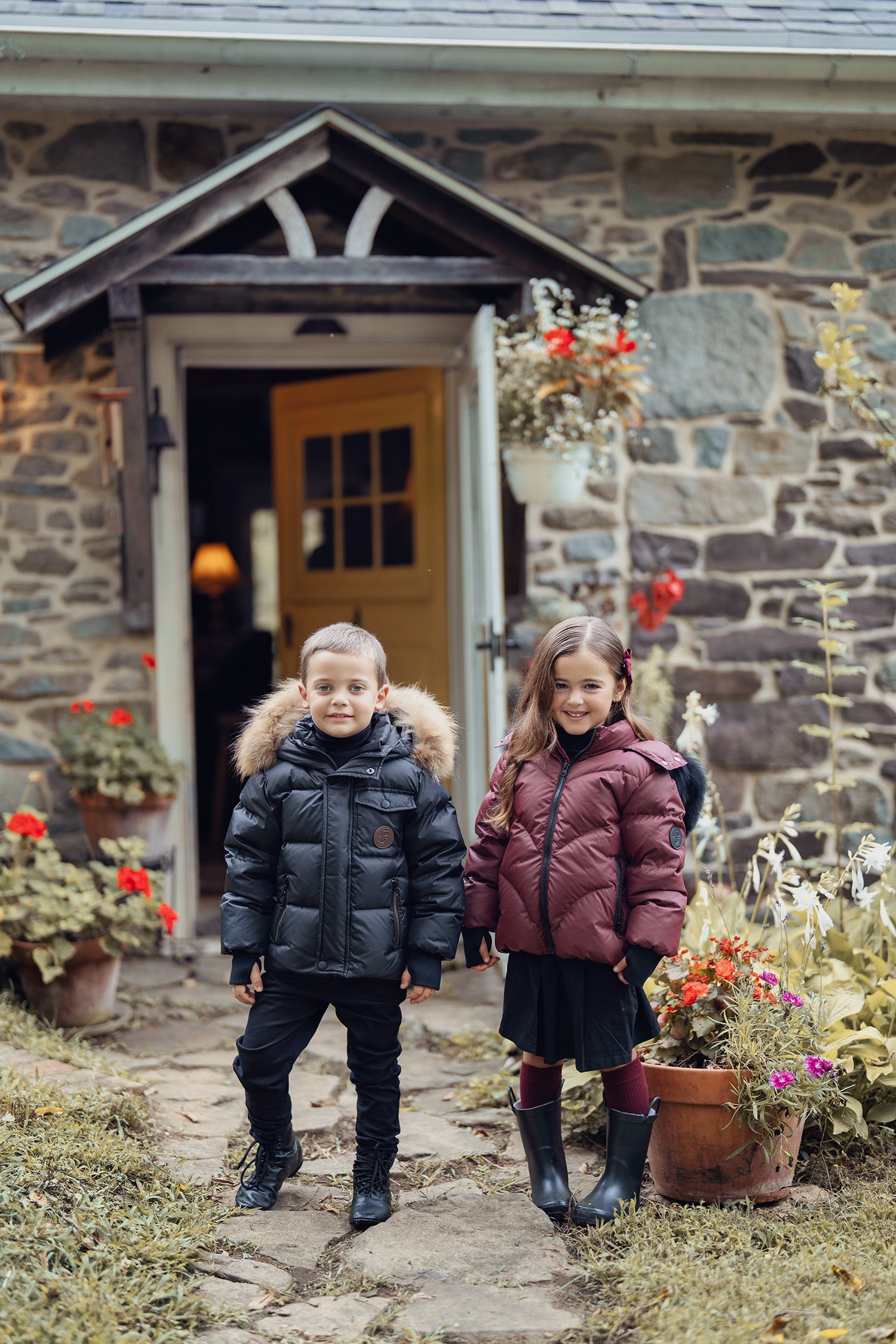Boys Black & Bronze Winter Coat with Brown Fur