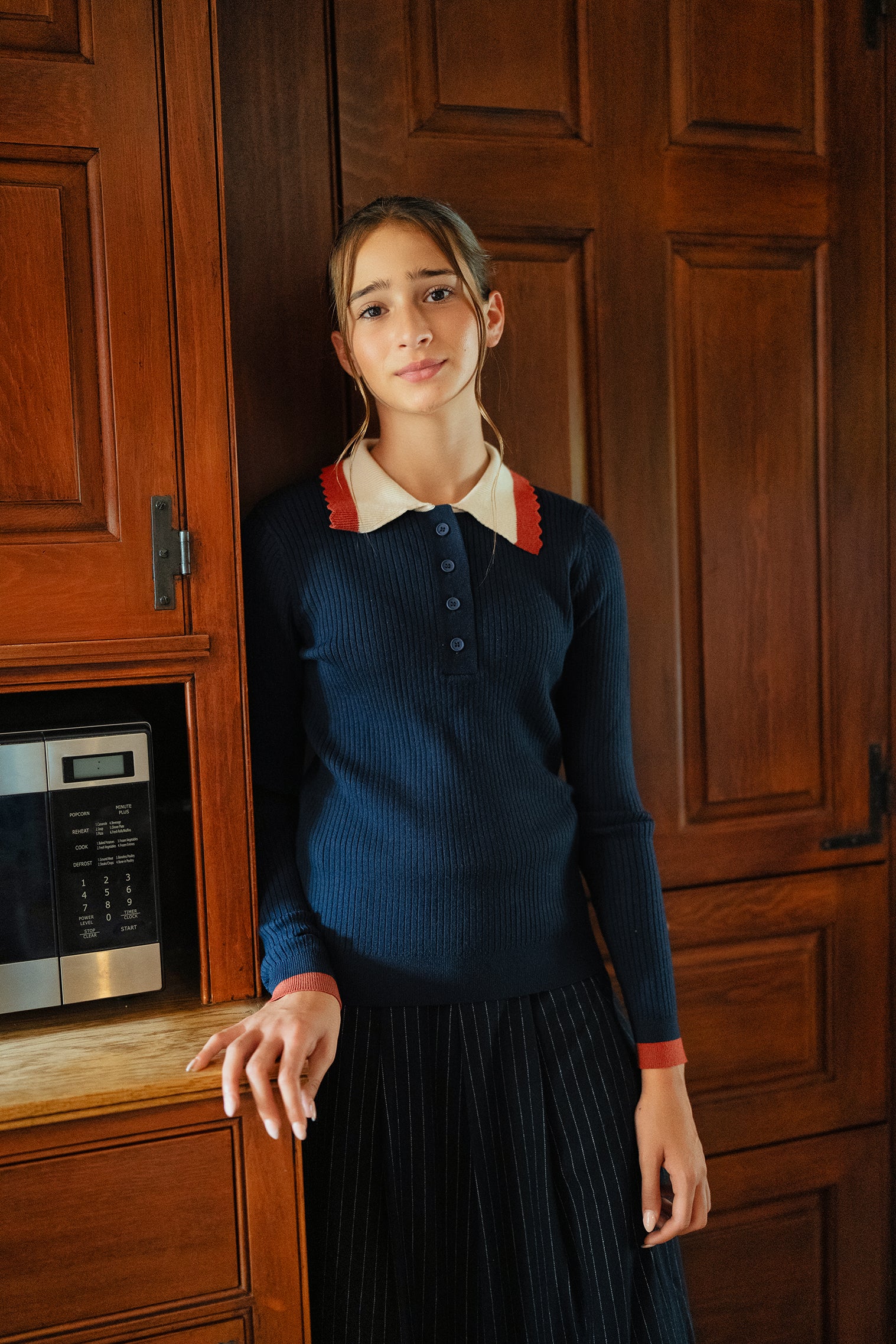 Teens Navy Knit Sweater with Red & Ivory Scalloped Collar