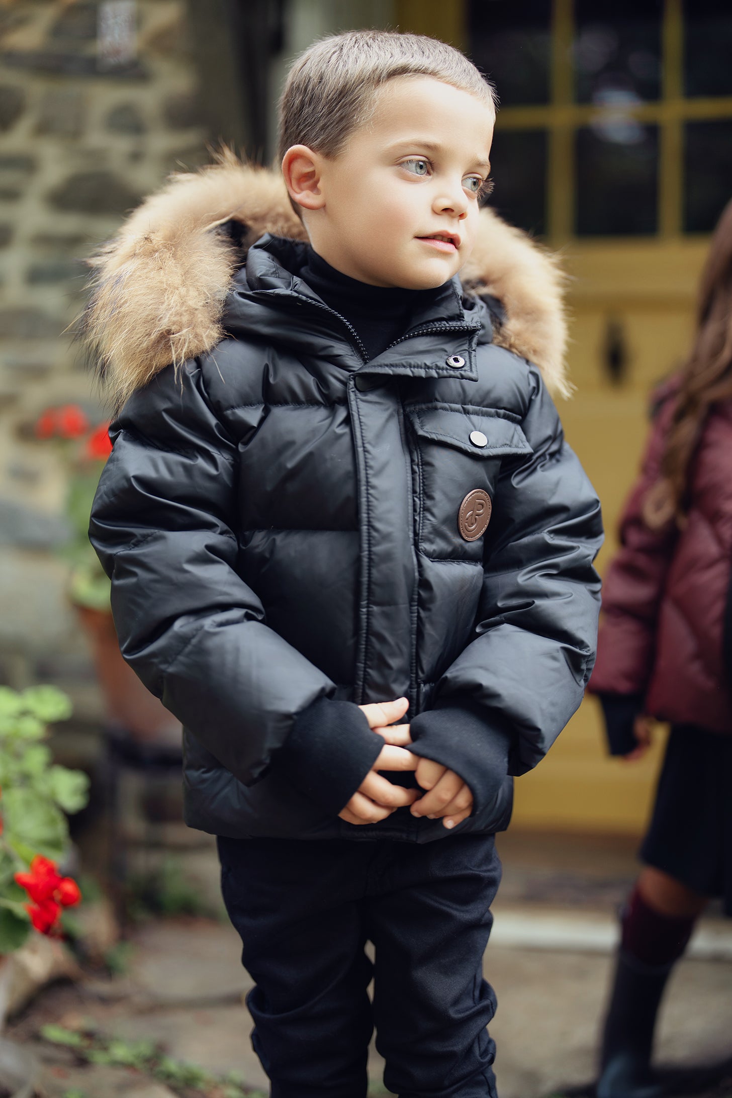 Boys Black & Bronze Winter Coat with Brown Fur