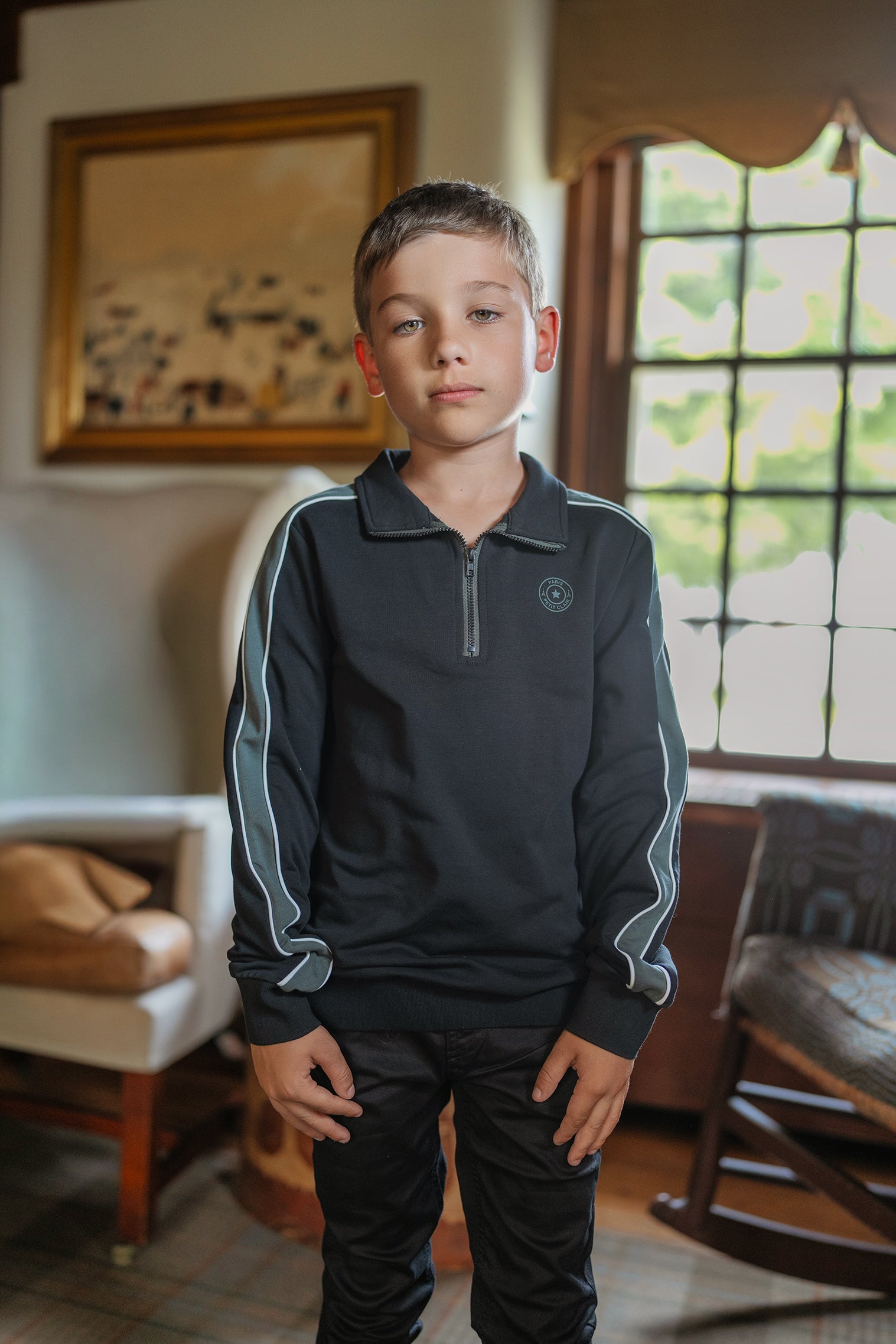 Boys Black Zip-Up Collar Sweatshirt with Sage Green Contrast Sleeves