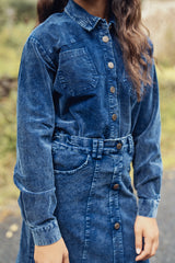Teens Blue Wash Ribbed Collared Shirt with Front Pockets