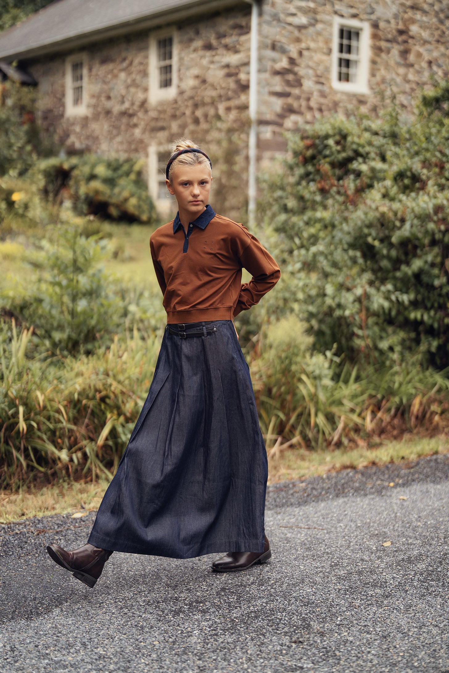Teens Blue Denim Box Pleated Maxi Skirt