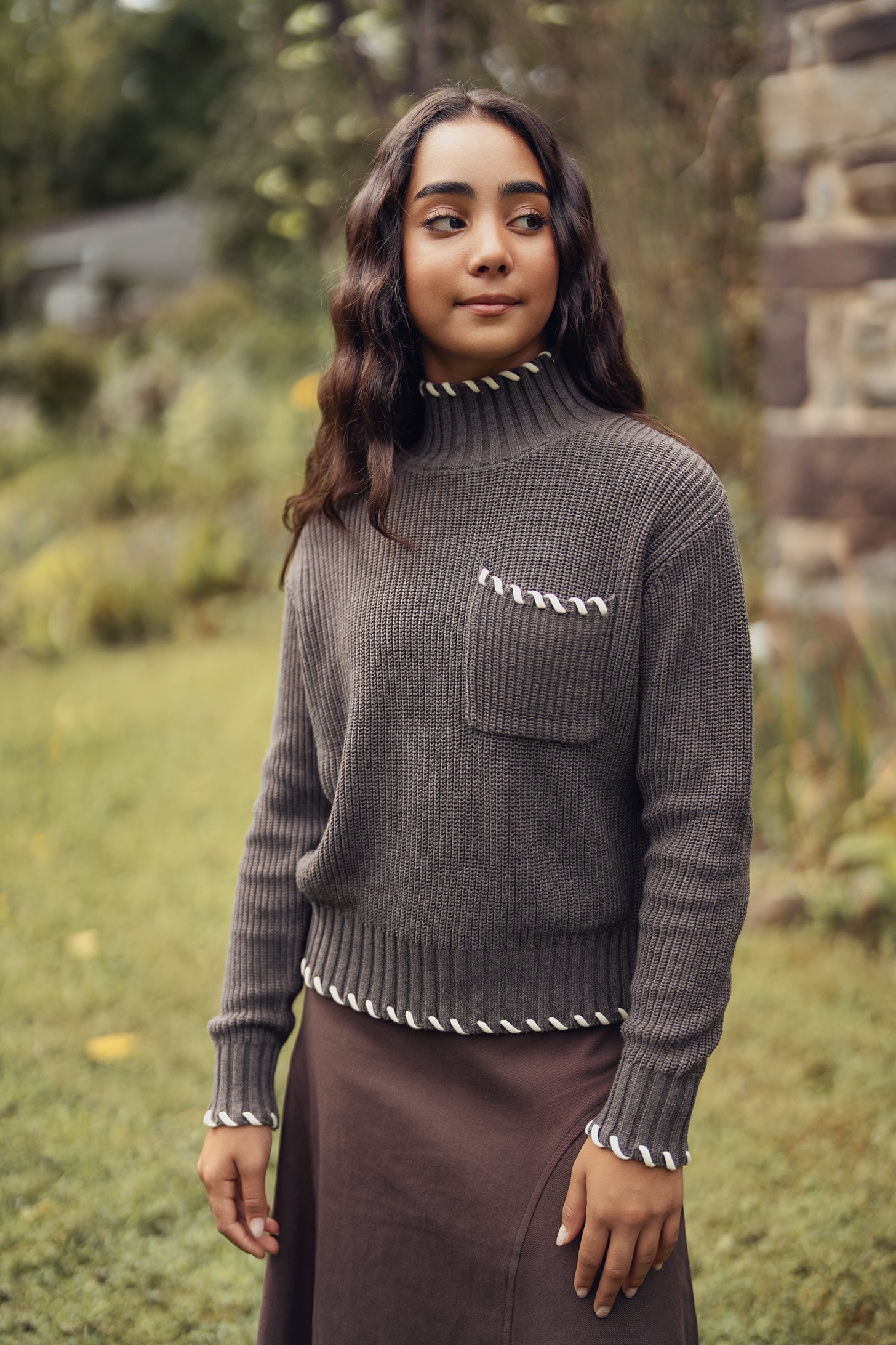 Teens Taupe Knit Turtleneck with Ivory Contrast Stitching