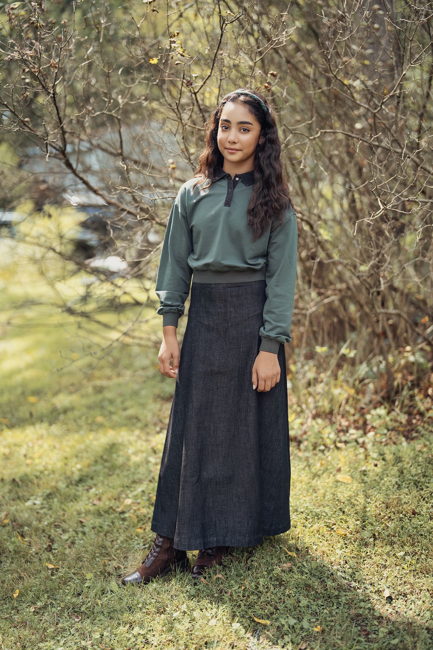Teens Green Sweatshirt with Denim Collar