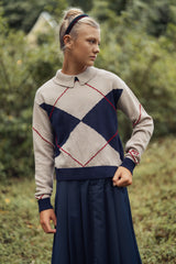 Teens Navy Argyle Collared Knit Sweater with Black Trim