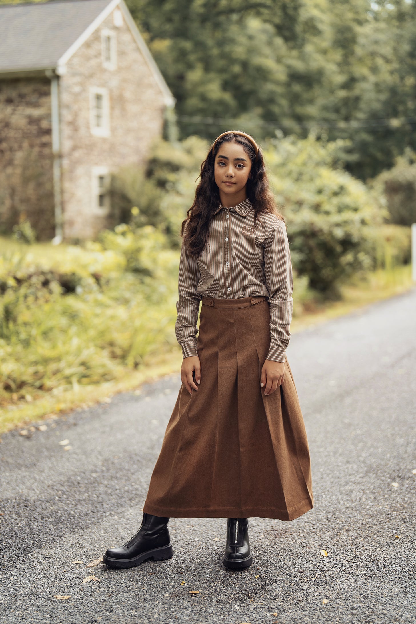 Teens Brown Denim Box Pleated Maxi Skirt