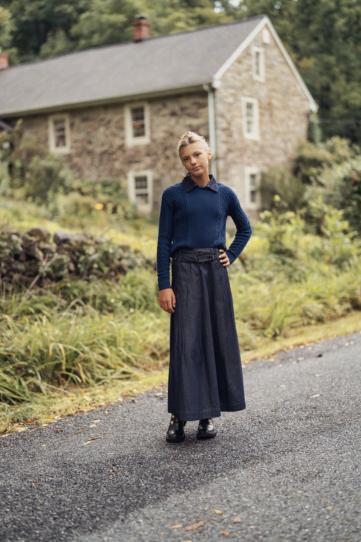 Teens Navy Knit Sweater with Removable Denim Collar