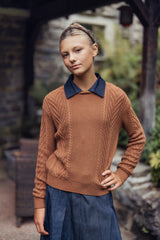 Teens Cognac Knit Sweater with Removable Denim Collar