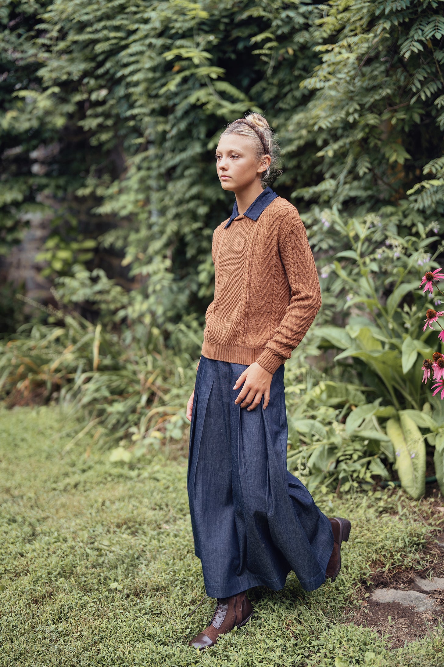 Teens Cognac Knit Sweater with Removable Denim Collar