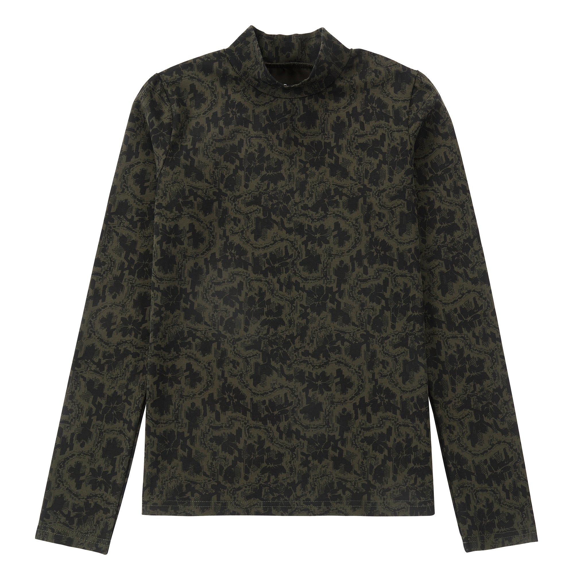 Olive Abstract Floral Mock Neck